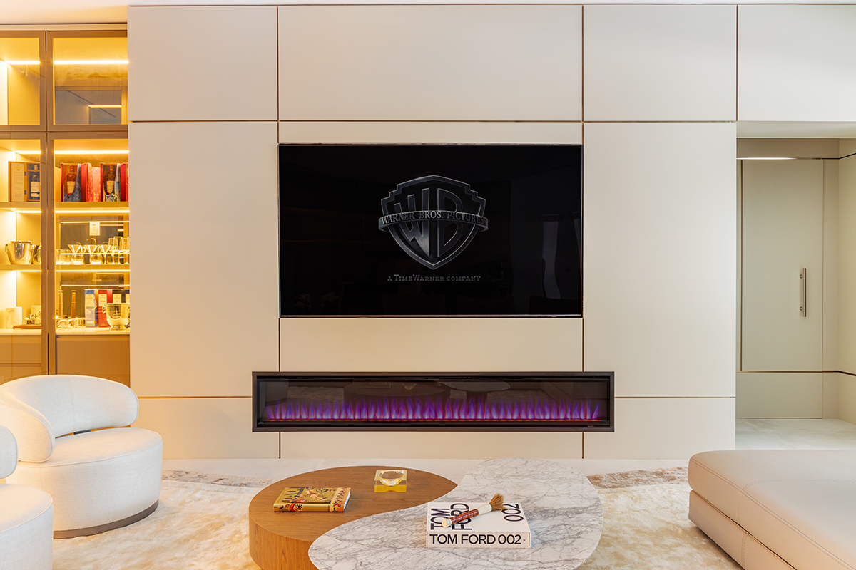Maite Granda — Modern Media Lounge with Linear Fireplace & Marble Cocktail Table
