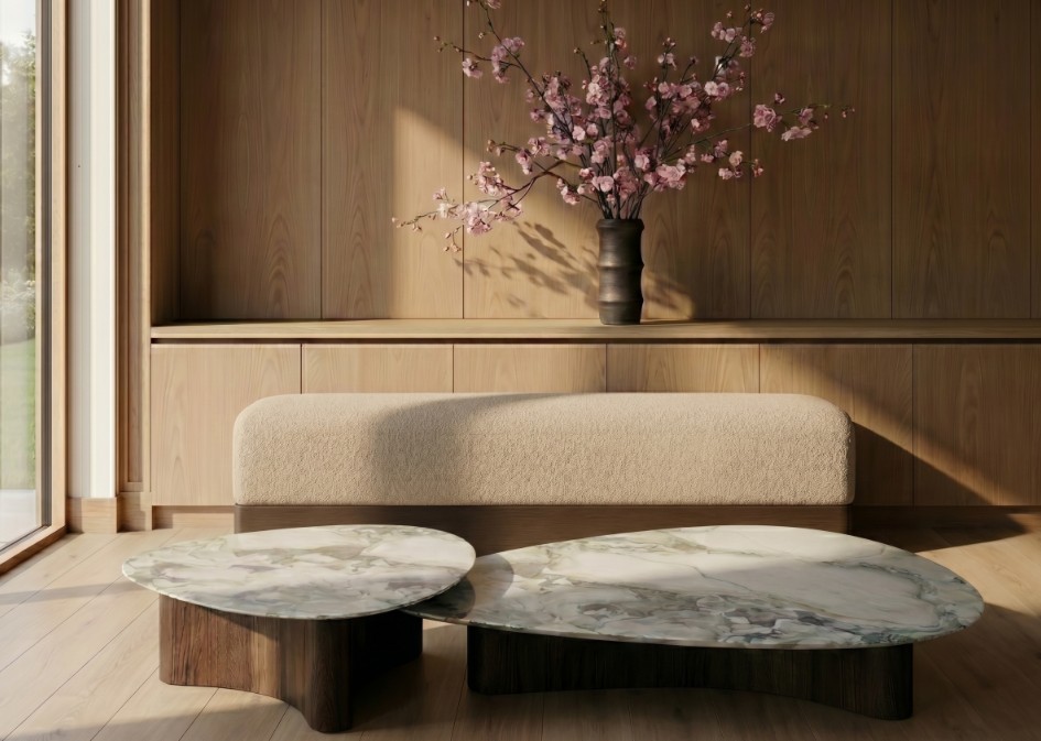 Britto Charette Studio — Marble & Walnut Nesting Tables with Custom Daybed